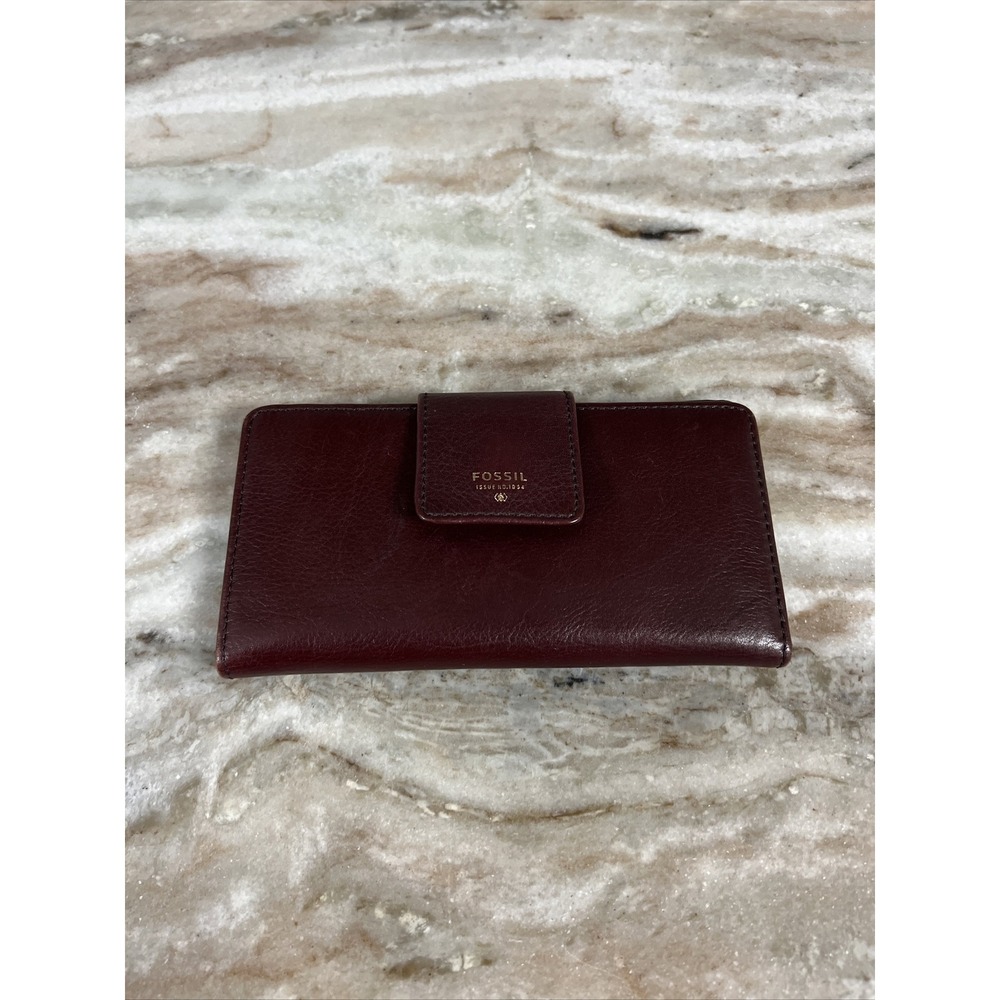 FOSSIL Logan‎ Tab Leather Card Holder Wallet Clutch Burgundy Maroon